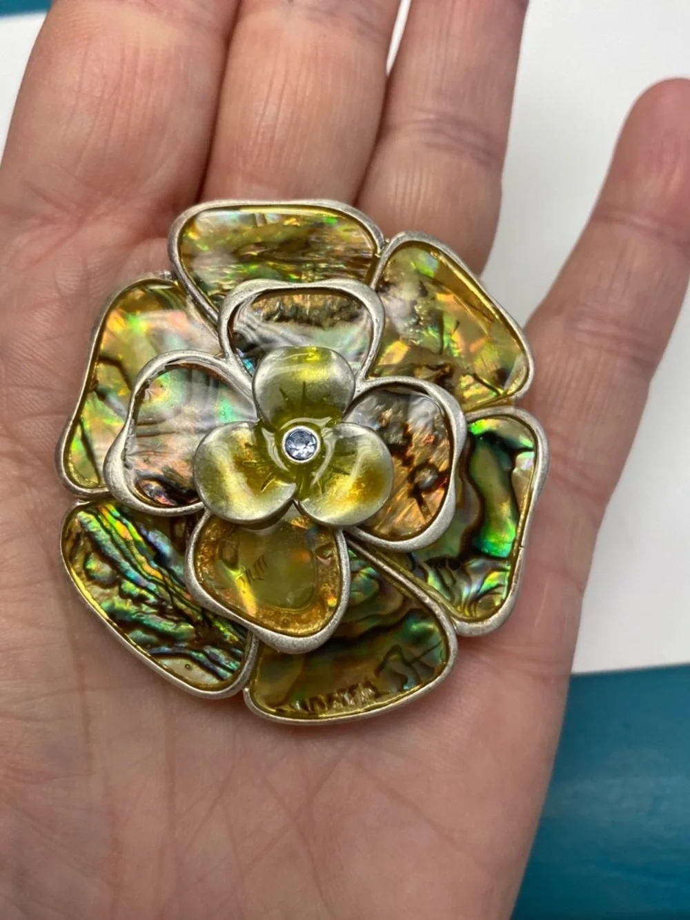 Abalone Shell Flower Brooch with Rhinestone Center